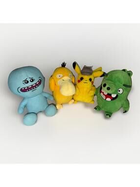 Lot of 4 Character Plushies Pokémon Psyduck Detective Pikachu Rick Morty Leonard